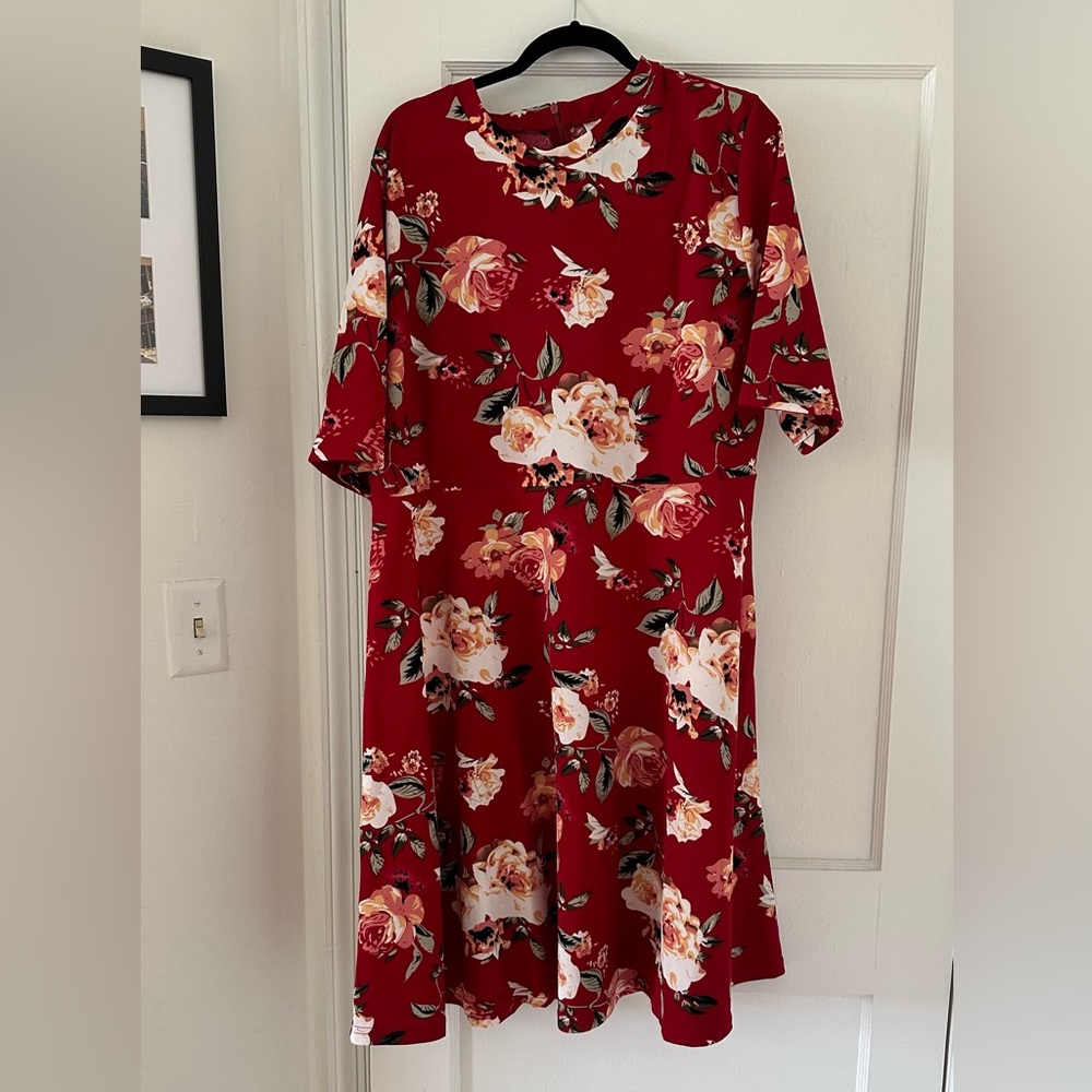 Red Floral Design Plus Size Skater Dress 3X